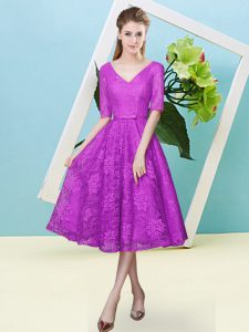 Edgy Bowknot Court Dresses for Sweet 16 Fuchsia Lace Up Half Sleeves Tea Length