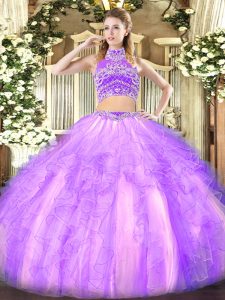Clearance Floor Length Two Pieces Sleeveless Lavender 15 Quinceanera Dress Backless