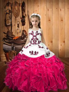 Custom Fit Hot Pink Lace Up Straps Embroidery and Ruffles Pageant Dress for Girls Organza Sleeveless