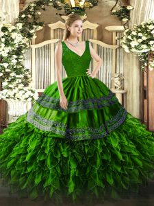 Green Sleeveless Organza Zipper Quinceanera Gowns for Sweet 16 and Quinceanera