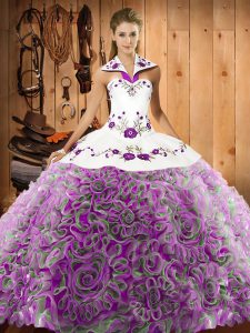 Sumptuous Sweep Train Ball Gowns Sweet 16 Dresses Multi-color Halter Top Fabric With Rolling Flowers Sleeveless Lace Up
