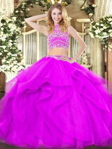 Stylish Two Pieces Vestidos de Quinceanera Purple High-neck Tulle Sleeveless Floor Length Backless