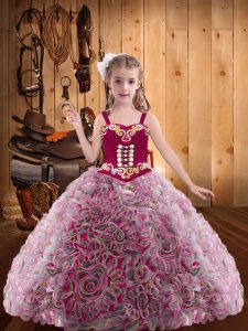 Multi-color Fabric With Rolling Flowers Lace Up Straps Sleeveless Floor Length Little Girls Pageant Dress Embroidery and Ruffles