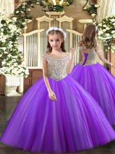 Off The Shoulder Sleeveless Lace Up Little Girls Pageant Gowns Purple Tulle