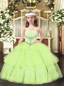 Yellow Green Lace Up Little Girl Pageant Gowns Beading and Ruffled Layers Sleeveless Floor Length