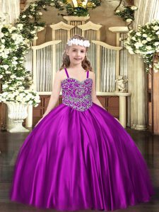 Unique Straps Sleeveless Pageant Dress for Teens Floor Length Beading Purple Satin