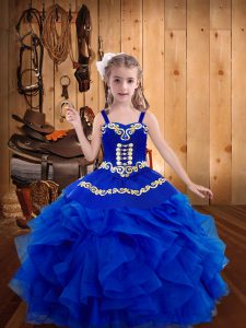 Royal Blue Lace Up Little Girls Pageant Dress Embroidery and Ruffles Sleeveless Floor Length