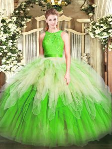 Exquisite Multi-color Ball Gowns Lace and Ruffles 15 Quinceanera Dress Zipper Organza Sleeveless Floor Length