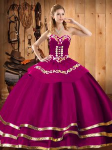 Edgy Fuchsia Organza Lace Up Sweetheart Sleeveless Floor Length Quinceanera Dresses Embroidery