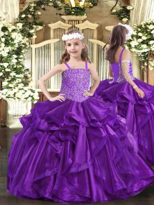 Floor Length Lace Up Pageant Dresses Purple for Party and Sweet 16 and Quinceanera and Wedding Party with Beading and Ruffles