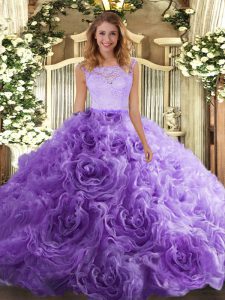 Scoop Sleeveless Sweet 16 Dresses Floor Length Lace Lavender Fabric With Rolling Flowers