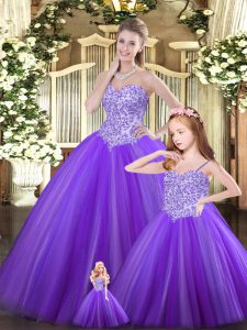 Ideal Sweetheart Sleeveless 15 Quinceanera Dress Floor Length Beading Purple Tulle