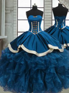 Elegant Organza Sweetheart Sleeveless Lace Up Beading and Ruffles Quinceanera Gown in Blue