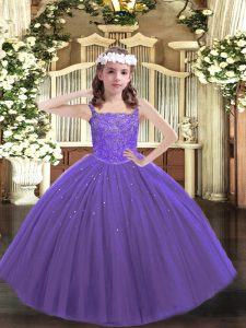 Purple Little Girls Pageant Dress Sweet 16 and Quinceanera and Wedding Party with Beading Straps Sleeveless Lace Up