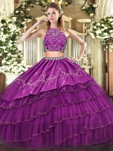 Purple Military Ball Gowns Military Ball and Sweet 16 and Quinceanera with Beading and Embroidery and Ruffled Layers High-neck Sleeveless Zipper