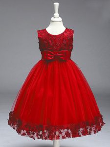Sleeveless Tulle Knee Length Zipper Pageant Dress for Teens in Wine Red with Lace and Bowknot