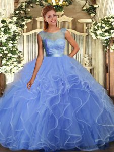 Blue Sleeveless Tulle Backless Sweet 16 Dresses for Military Ball and Sweet 16 and Quinceanera