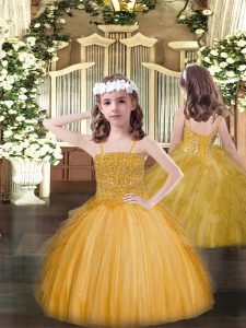 Sleeveless Floor Length Beading and Ruffles Lace Up Kids Formal Wear with Gold