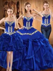 Excellent Organza Sweetheart Sleeveless Lace Up Embroidery and Ruffles Quinceanera Dresses in Royal Blue