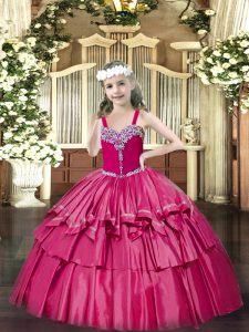 Best Hot Pink Lace Up Pageant Dress for Teens Beading and Ruffled Layers Sleeveless Floor Length