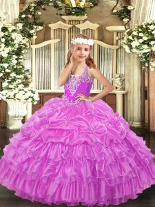 Floor Length Lace Up Pageant Dress for Girls Lilac for Party and Quinceanera with Beading and Ruffled Layers and Pick Ups