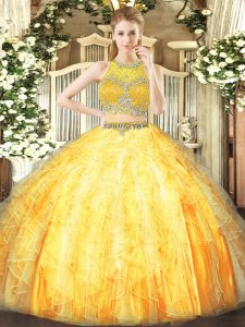 Classical Sleeveless Floor Length Beading and Ruffles Zipper Quinceanera Gowns with Orange