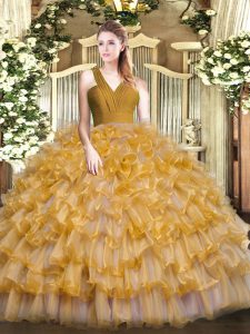 Elegant Brown Ball Gowns Organza V-neck Sleeveless Ruffled Layers Floor Length Zipper Sweet 16 Dress