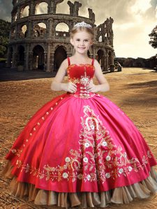 Dramatic Hot Pink Straps Lace Up Embroidery Girls Pageant Dresses Sleeveless