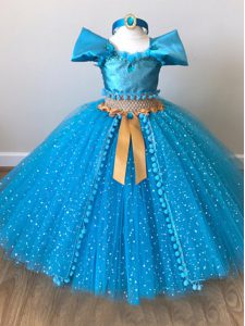 Baby Blue Cap Sleeves Tulle Zipper Little Girls Pageant Gowns for Wedding Party