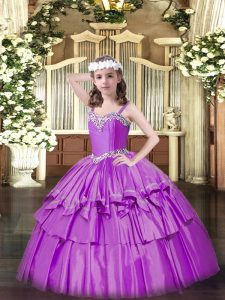 Lilac Ball Gowns Organza Straps Sleeveless Beading and Ruffled Layers Floor Length Lace Up Pageant Dress for Womens