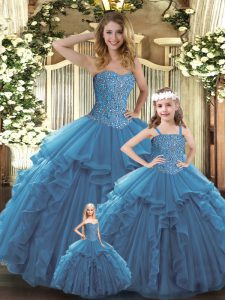 Ball Gowns Quince Ball Gowns Teal Sweetheart Organza Sleeveless Floor Length Lace Up