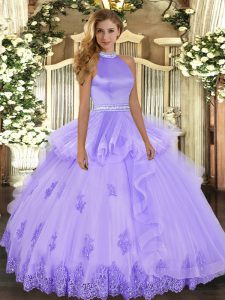 Suitable Halter Top Sleeveless Backless Sweet 16 Quinceanera Dress Lavender Tulle