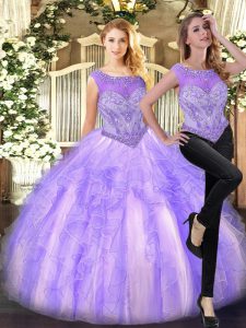 Lilac Sleeveless Floor Length Beading and Ruffles Zipper Quinceanera Dresses