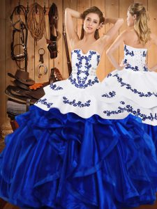 Flare Royal Blue Satin and Organza Lace Up Strapless Sleeveless Floor Length Sweet 16 Dresses Embroidery and Ruffles