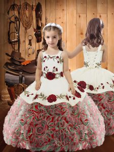 Custom Fit Fabric With Rolling Flowers Straps Sleeveless Lace Up Embroidery and Ruffles Pageant Gowns in Multi-color