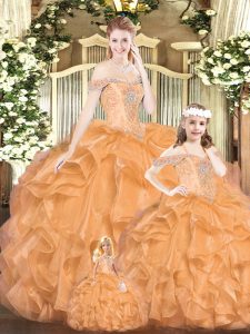 Great Floor Length Lace Up Quinceanera Gowns Orange Red for Military Ball and Sweet 16 and Quinceanera with Beading and Ruffles