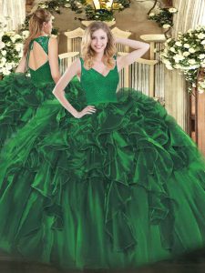 Dark Green Ball Gowns Beading and Lace and Ruffles 15 Quinceanera Dress Backless Organza Sleeveless Floor Length