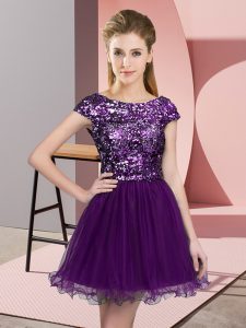 Hot Selling Dark Purple Zipper Scoop Sequins Quinceanera Dama Dress Tulle Cap Sleeves
