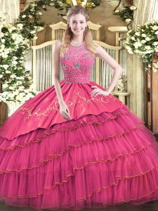 Affordable Hot Pink Ball Gowns Satin and Tulle Halter Top Sleeveless Beading and Embroidery and Ruffled Layers Floor Length Zipper Quinceanera Dresses