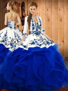 Suitable Blue Satin and Organza Lace Up Sweet 16 Dresses Sleeveless Floor Length Embroidery and Ruffles