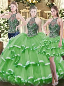 Green Lace Up Military Ball Dresses Beading and Ruffled Layers Sleeveless Floor Length