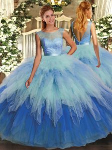 Multi-color Ball Gowns Scoop Sleeveless Organza Floor Length Backless Beading and Ruffles 15 Quinceanera Dress
