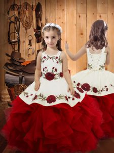 Wine Red Ball Gowns Straps Sleeveless Satin and Tulle Floor Length Lace Up Embroidery and Ruffles Pageant Dress Toddler