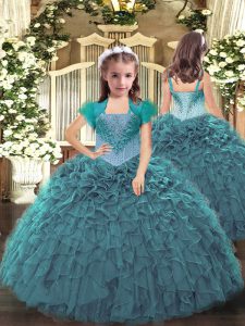 Organza Straps Sleeveless Lace Up Beading and Ruffles Kids Pageant Dress in Teal