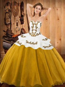 Gold Tulle Lace Up Vestidos de Quinceanera Sleeveless Floor Length Embroidery