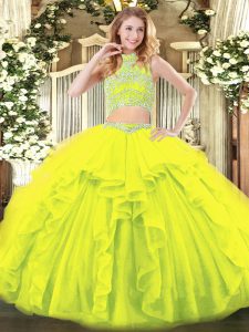 Glamorous Sleeveless Floor Length Beading and Ruffles Backless Quinceanera Gown with Yellow Green