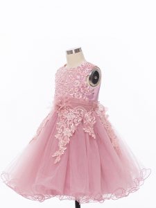 Pink Scoop Zipper Appliques and Hand Made Flower Little Girls Pageant Gowns Sleeveless