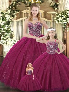 Enchanting Tulle Sweetheart Sleeveless Lace Up Beading Vestidos de Quinceanera in Burgundy