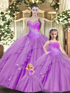Fine Sweetheart Sleeveless Lace Up Quince Ball Gowns Lilac Lace