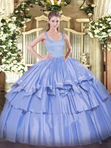 Stylish Blue Taffeta Zipper Quince Ball Gowns Sleeveless Floor Length Beading and Ruffled Layers